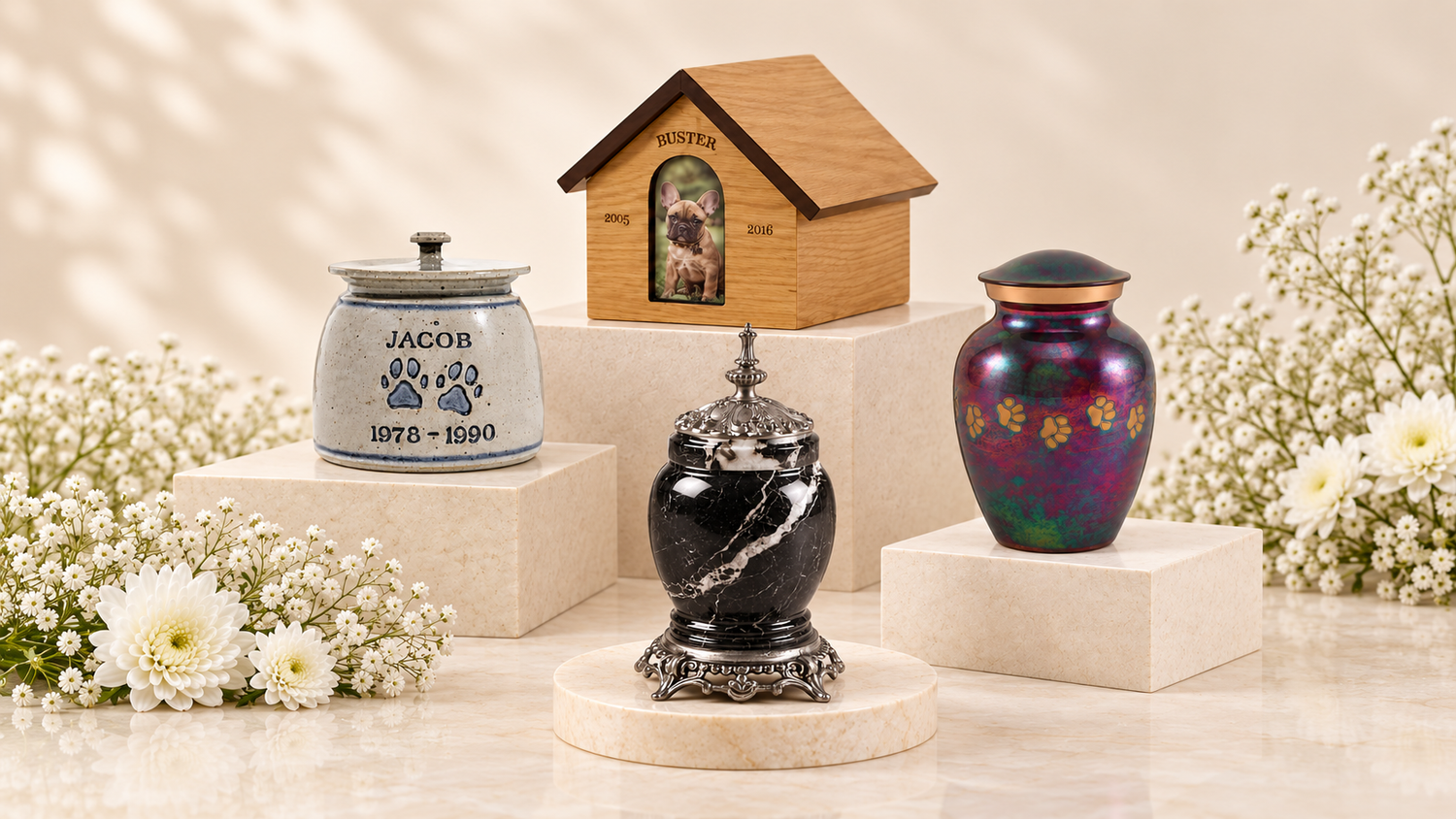 Wood, ceramic, marble and brass pet urns displayed in different memorial styles