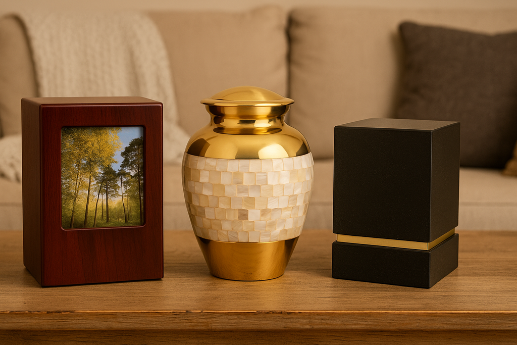 Beautiful cremation urns for ashes and pet urns displayed with keepsake jewelry on wood table