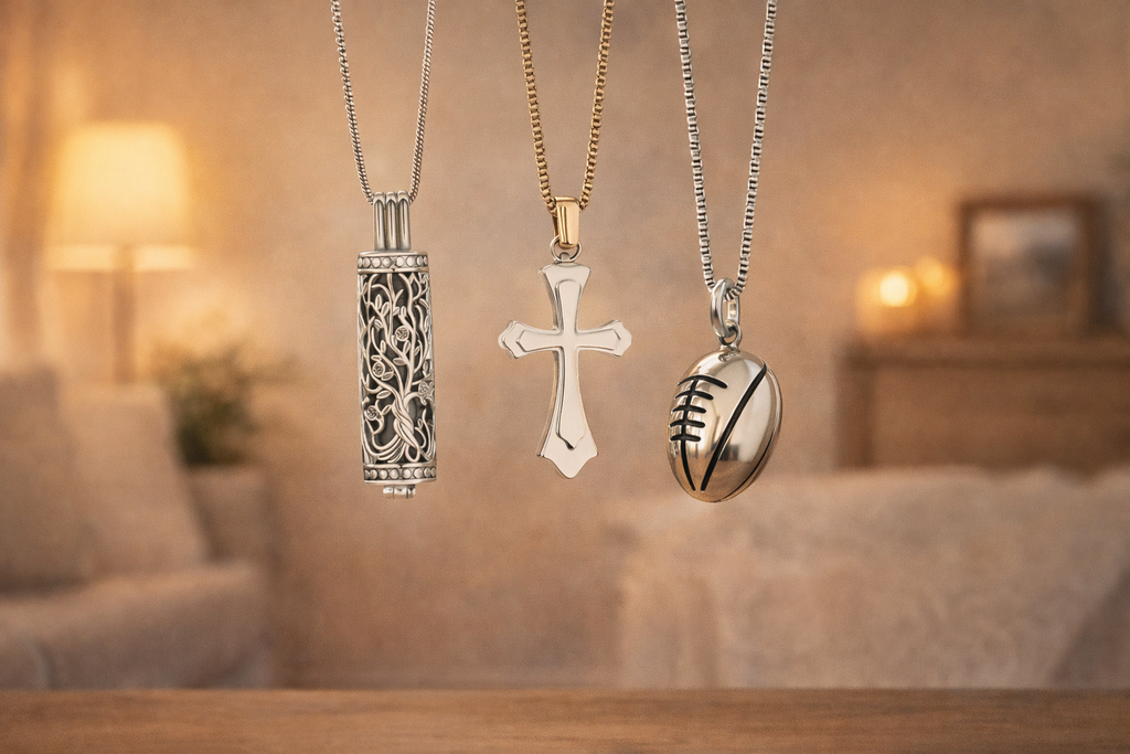 Memorial jewelry and keepsakes for dad, mom and family, including remembrance necklaces and sympathy gifts from Urns.com