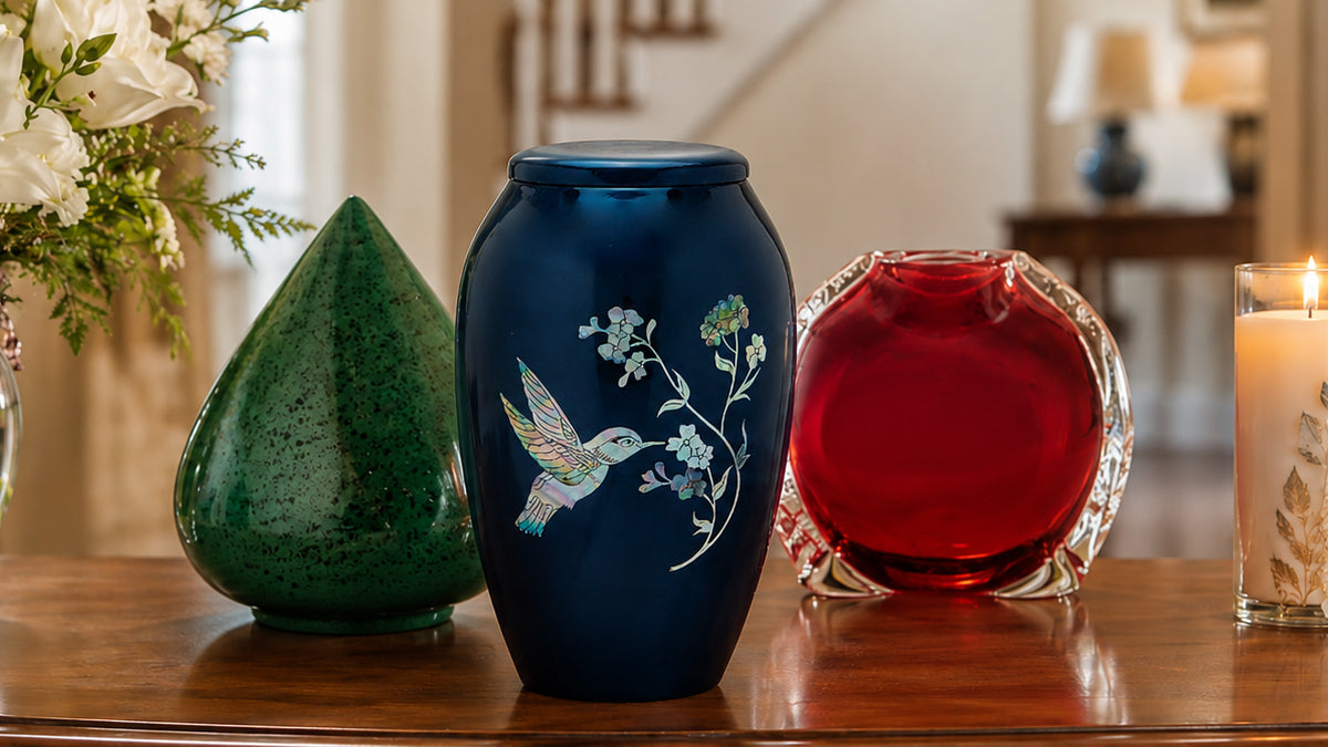 Memorial urns in blue, white, gold, green, and purple, each symbolizing a meaningful emotion and memory.