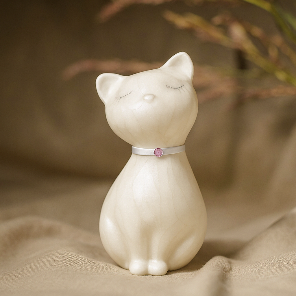 Elegant cat-shaped urn in creamy finish, perfect for memorializing feline companions