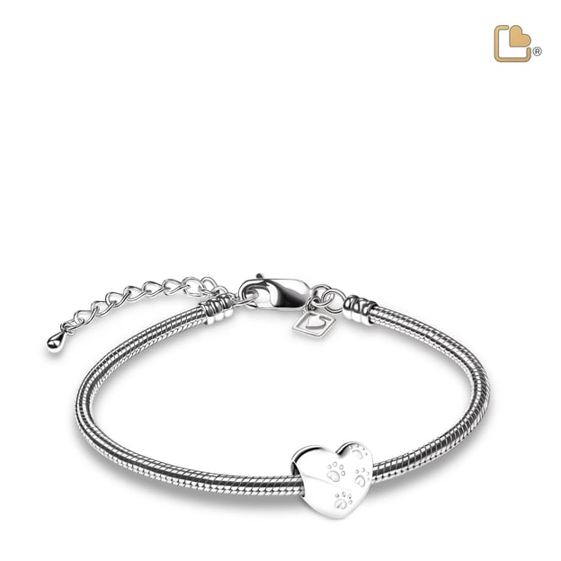 Cremation Bead LoveHeart With Paws Rhodium Plated