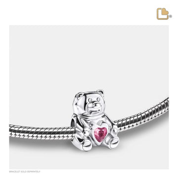 Cremation Bead CuddleBear Rhodium Plated with Pink Crystal