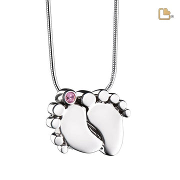 Cremation Pendant Baby Feet Rhodium Plated with Pink Crystal