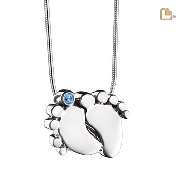 Cremation Pendant Baby Feet Rhodium Plated with Blue Crystal