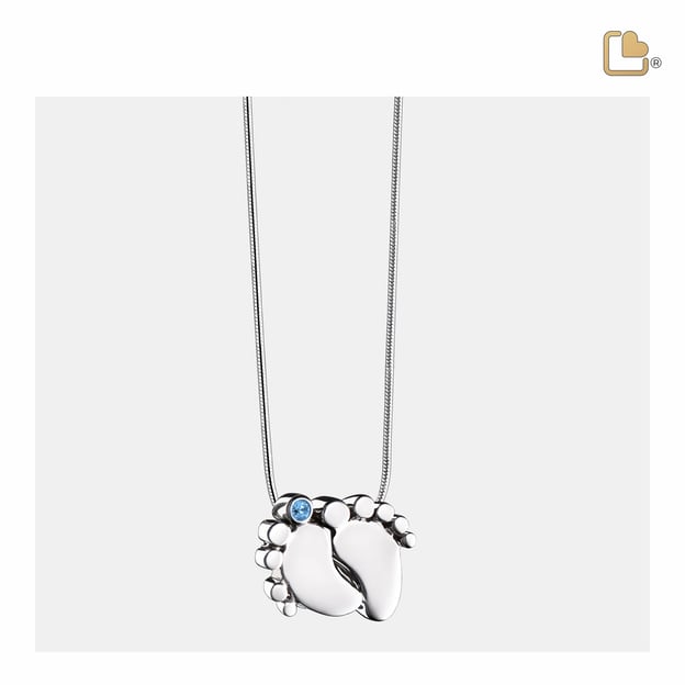 Cremation Pendant Baby Feet Rhodium Plated with Blue Crystal