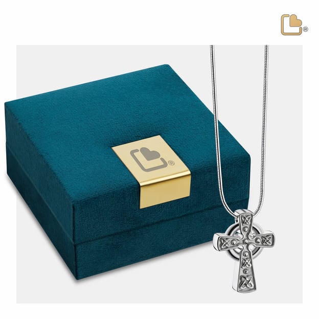 Cremation Pendant Celtic Cross with Knots Rhodium Plated Two Tone