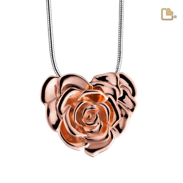 Rose-shaped rose gold cremation pendant for ashes—Sterling 925 urn pendant with threaded screw closure, a stylish cremation jewelry necklace and memorial jewelry keepsake.