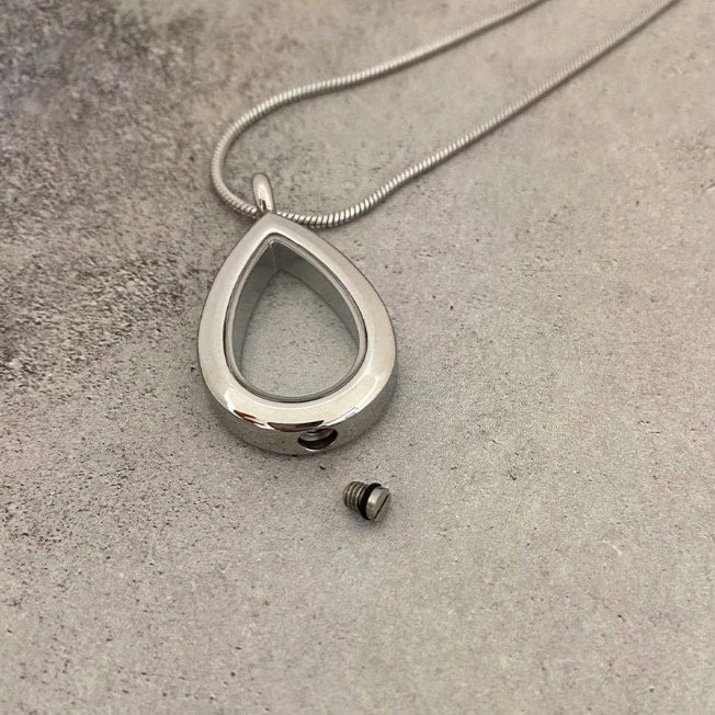 Clear Teardrop Silver Tone Cremation Pendant