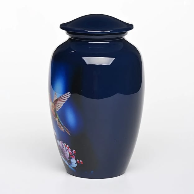 Dunkelblaue Urne für Erwachsene mit Kolibri-Blumenmotiv