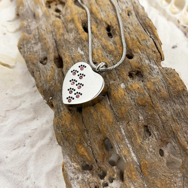 Silver Tone Heart with Paw Print Pet Cremation Pendant
