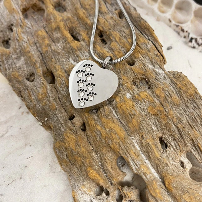 Silver Tone Heart with Paw Print Pet Cremation Pendant