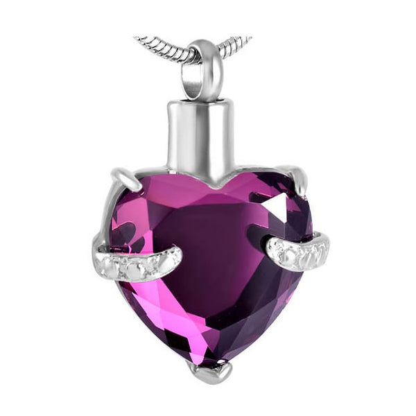 Byzantium Heart urn pendant and necklace for ashes—purple synthetic gemstone set in surgical-grade stainless steel with screw-top cremation pendant, perfect cremation jewelry for women. 