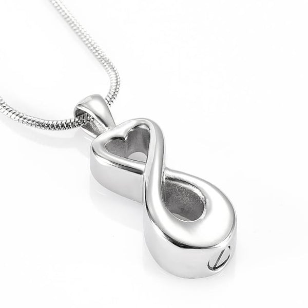 Stainless steel infinity and heart cremation necklace for ashes—secure screw-top urn pendant, part of our cremation jewelry for ashes and memorial jewelry collections for men, women, and pets.