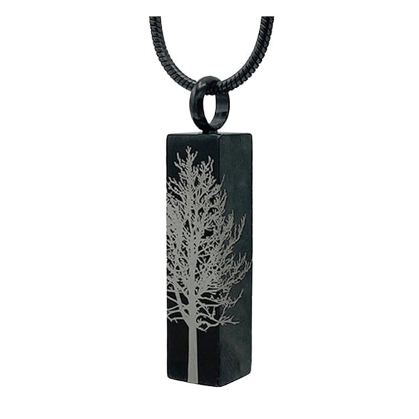 Black bar Tree of Life pendant for ashes—stainless-steel urn necklace with bottom-screw chamber, 22″ chain included; sleek cremation jewelry for men, women, and pet ashes jewelry, ideal for anyone searching “cremation jewelry near me.”