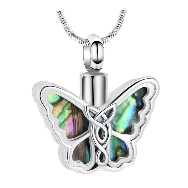 Butterfly stainless steel urn pendant with abalone inlay—cremation jewelry for ashes featuring twist-top fill, 22″ chain, perfect as a necklace for ashes, memorial jewelry, and cremation pendant.