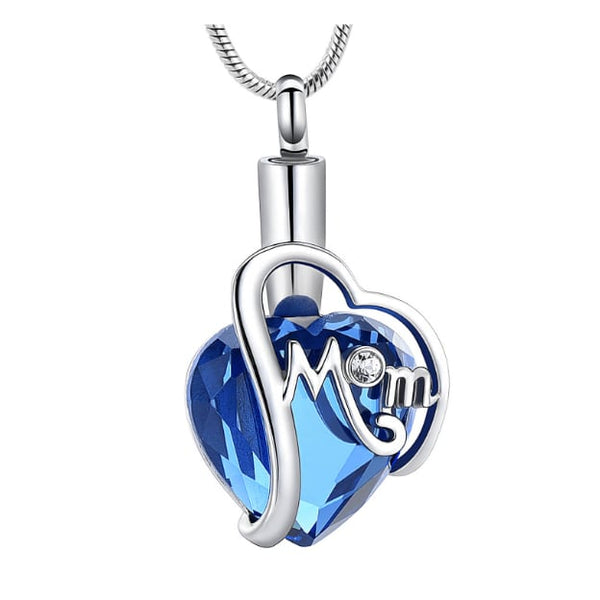 Blue crystal heart pendant for ashes—radiant stainless-steel urn pendant and cremation jewelry necklace; perfect memorial jewelry and necklace for ashes in cremation jewelry for women and men.