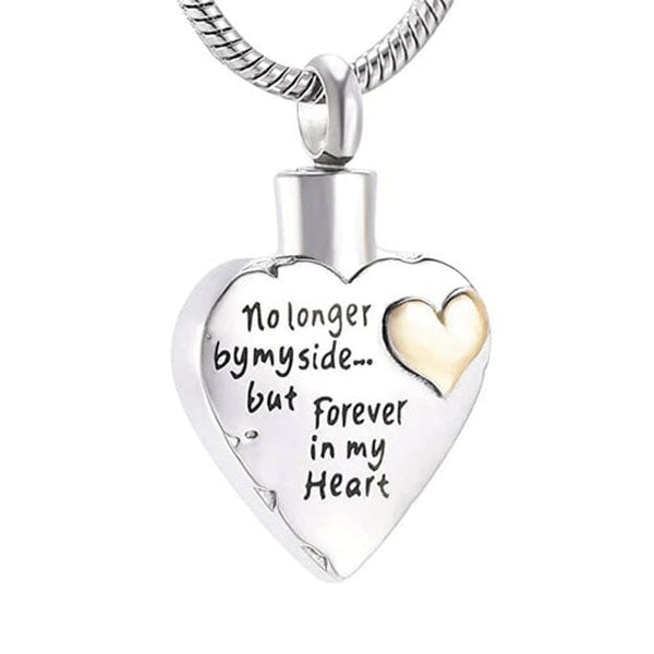 Heart-shaped stainless-steel urn pendant or pendant for ashes engraved “No longer by my side… but forever in my heart,” ideal cremation jewelry for women or men, necklace for ashes in men’s or women’s cremation jewelry collections.