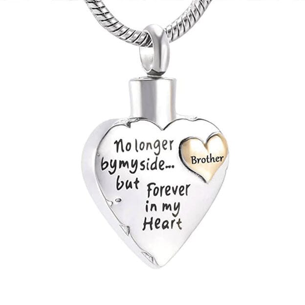 Silver-tone pendant for ashes with gold heart inset, customizable family engraving, 22″ chain included—perfect urn necklace and keepsake cremation jewelry for those searching cremation jewelry near me.