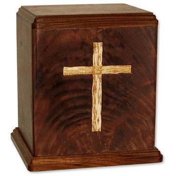 Cross Inlaid Wood Urn