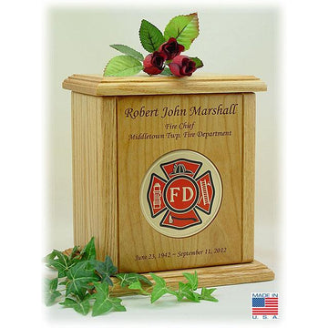 Recessed Embossed Fireman Medallion Wood Urn