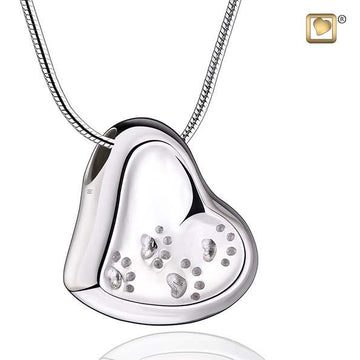 Cremation Pendant Leaning Heart with Paw Prints Rhodium Plated Two Tone