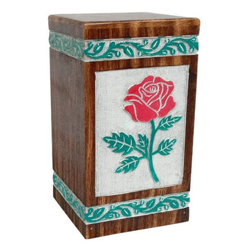 Wooden Urn With Color Rose -White