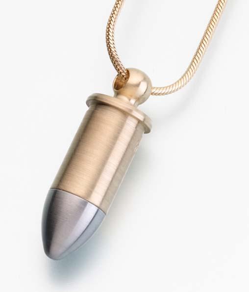 Bronze two-tone bullet cremation pendant with secure screw top, displayed with optional snake chain to make it an urn necklace.